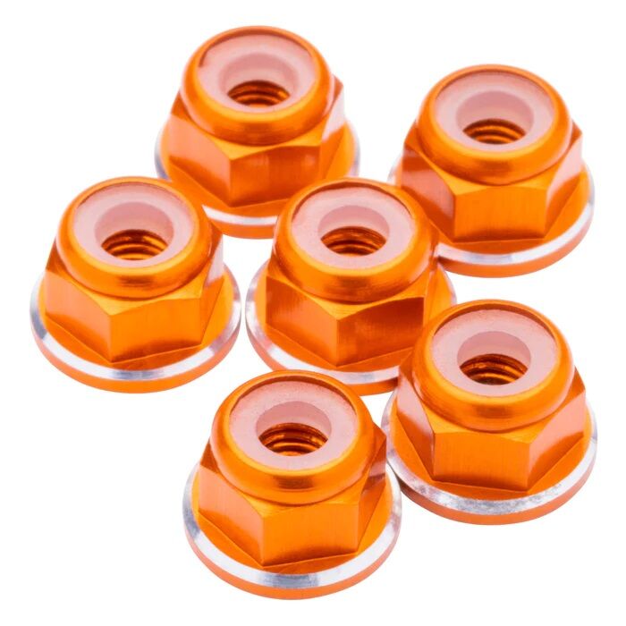 1up Racing M3 Premium Aluminum Flanged Locknuts - Orange Shine (6)