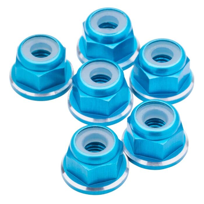 1up Racing M3 Premium Aluminum Flanged Locknuts - Bright Blue Shine (6)