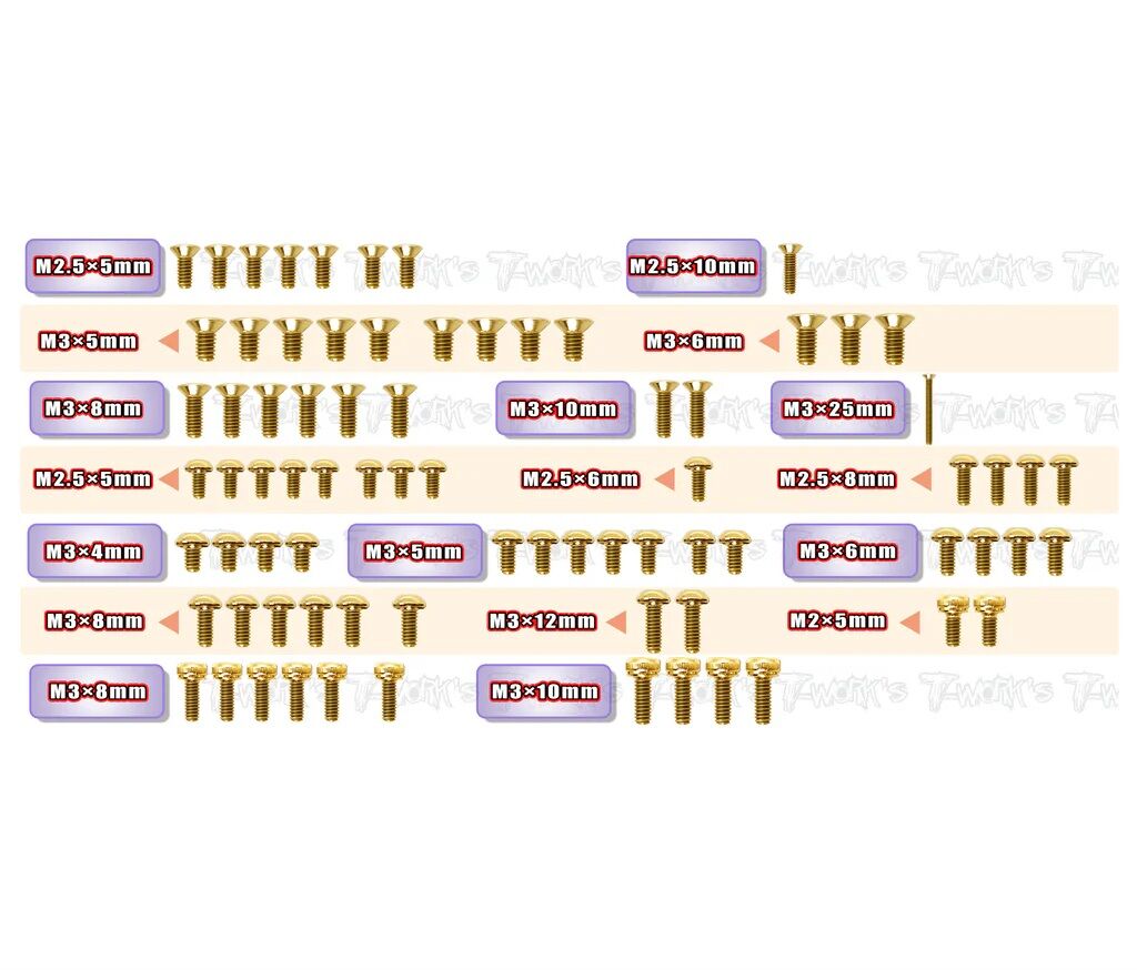 T-Work`s Stahl Schrauben Set Gold Beschichtet für Xray X12-2025 (77)